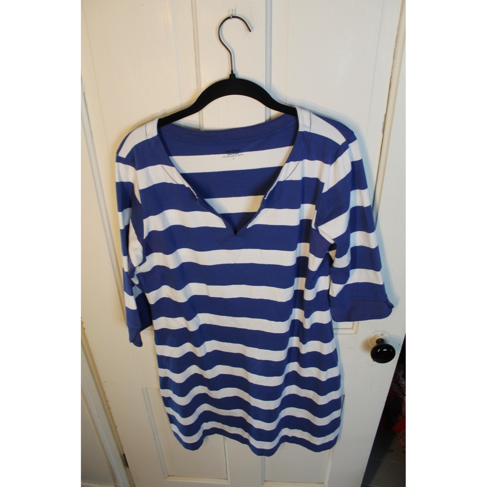 Cape Classic Pima Cotton Striped Dress Blue White Split V-Neck Womens Large‎